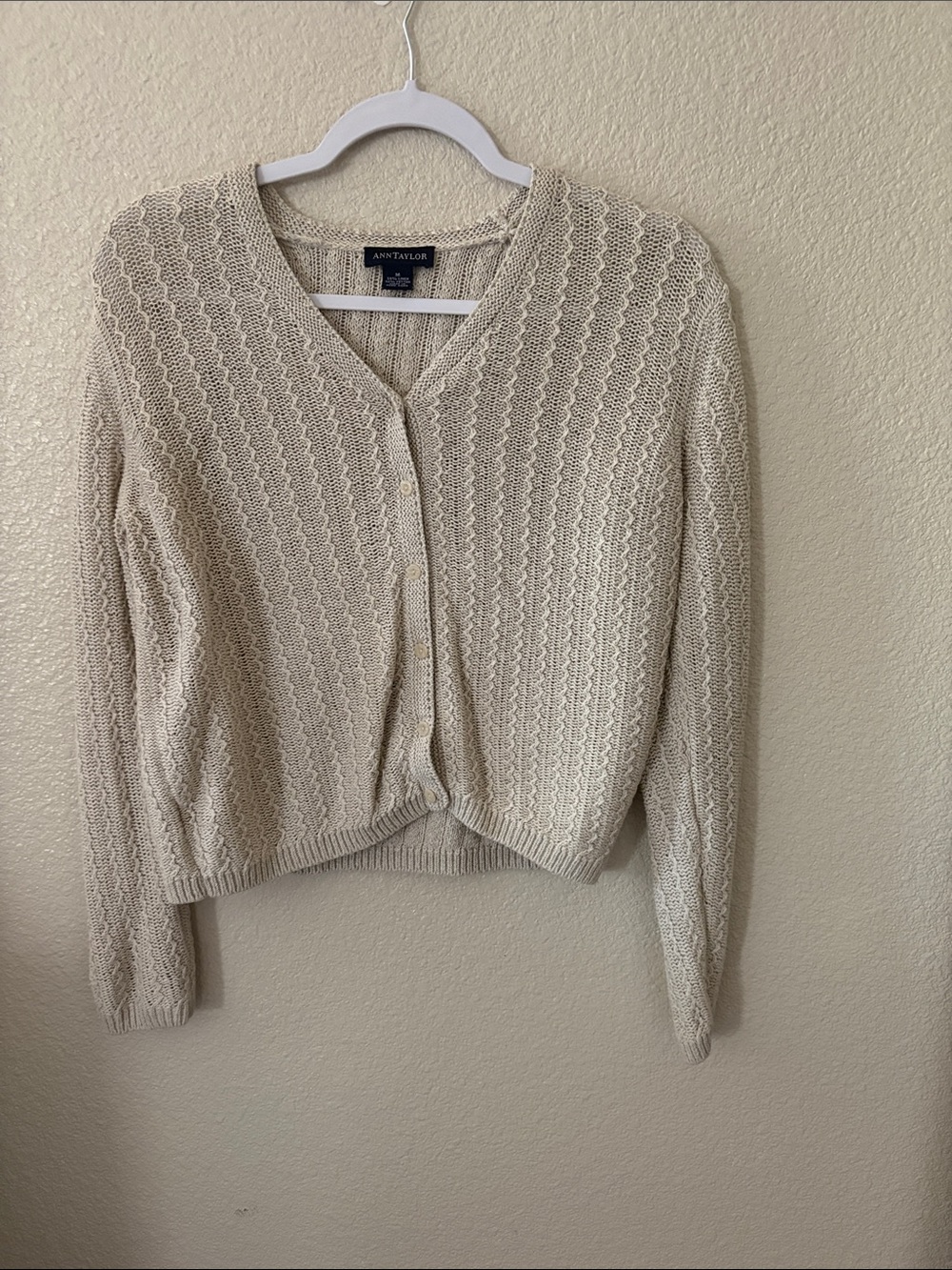 Ann Taylor Cream Openwork V-Neck Button Cardigan